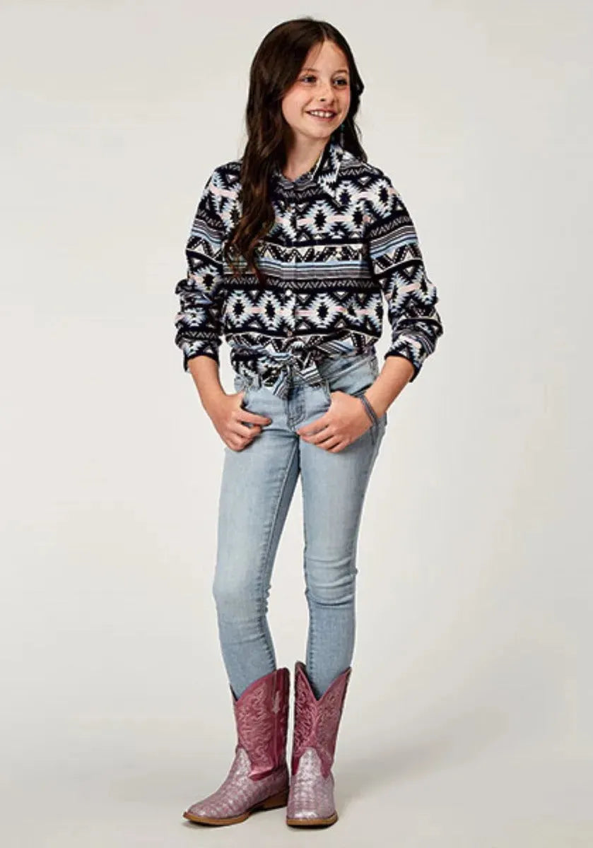 Roper Five Star (Navy Aztec) - Girl's Western Snap Shirt - Hatcountry