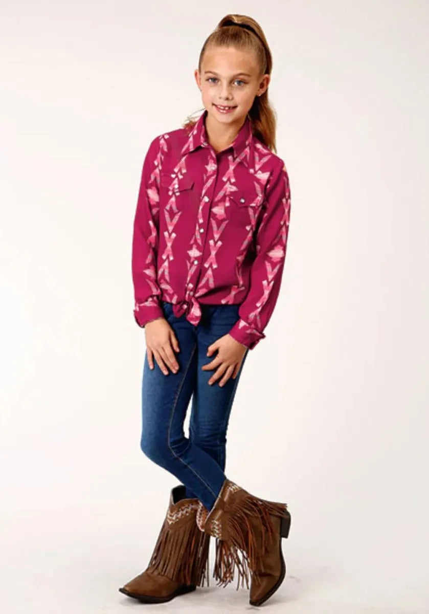 Roper Wine Aztec (Purple) - Girl's Western Snap Shirt - Hatcountry