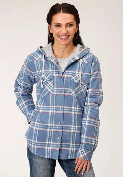 Roper Thermal Flannel Hoodie (Blue) - Women's Flannel Button Down Hoodie Sweatshirt - Hatcountry