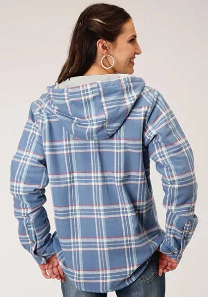 Roper Thermal Flannel Hoodie (Blue) - Women's Flannel Button Down Hoodie Sweatshirt - Hatcountry