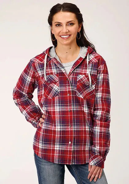 Roper Thermal Flannel Hoodie (Wine) - Women's Flannel Button Down Hoodie Sweatshirt - Hatcountry