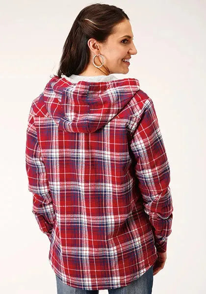 Roper Thermal Flannel Hoodie (Wine) - Women's Flannel Button Down Hoodie Sweatshirt - Hatcountry