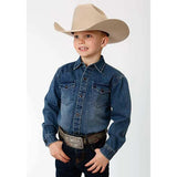 Stetson Medium Weight Denim Long Sleeve (Blue) - Boy's Western Shirt - Hatcountry