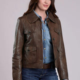Stetson Cropped Button Front (Brown) - Women's Lamb Leather Jacket