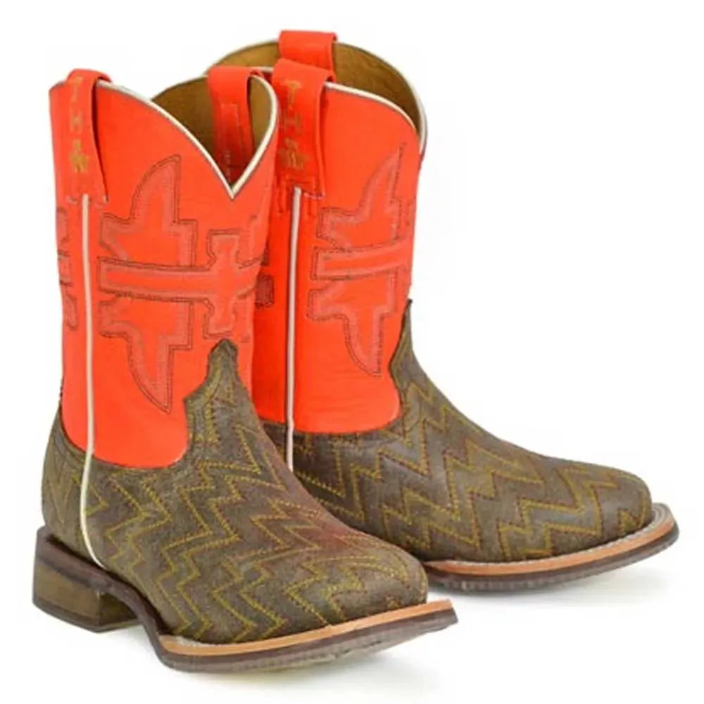 Tin Haul Neon Thunder / Desert Rider Sole (Orange) - Little Kids/Big Kids Leather Cowboy Boots - Hatcountry