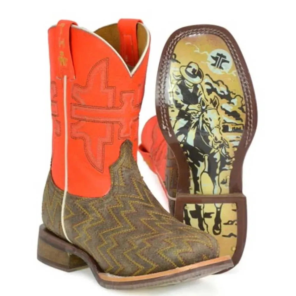 Tin Haul Neon Thunder / Desert Rider Sole (Orange) - Little Kids/Big Kids Leather Cowboy Boots - Hatcountry