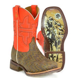 Tin Haul Neon Thunder / Desert Rider Sole (Orange) - Little Kids/Big Kids Leather Cowboy Boots - Hatcountry
