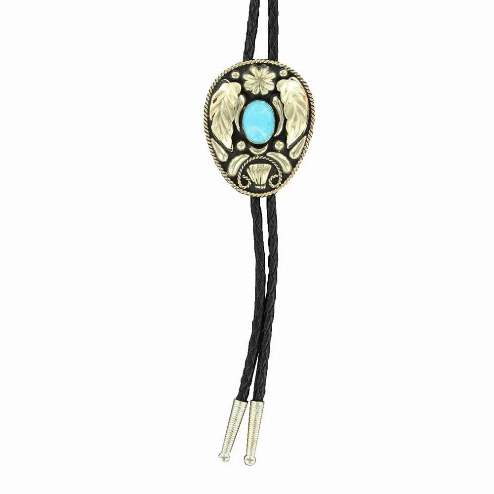 Double S Silver Leaf with Turquoise Stone (Black) - Bolo Tie - Hatcountry