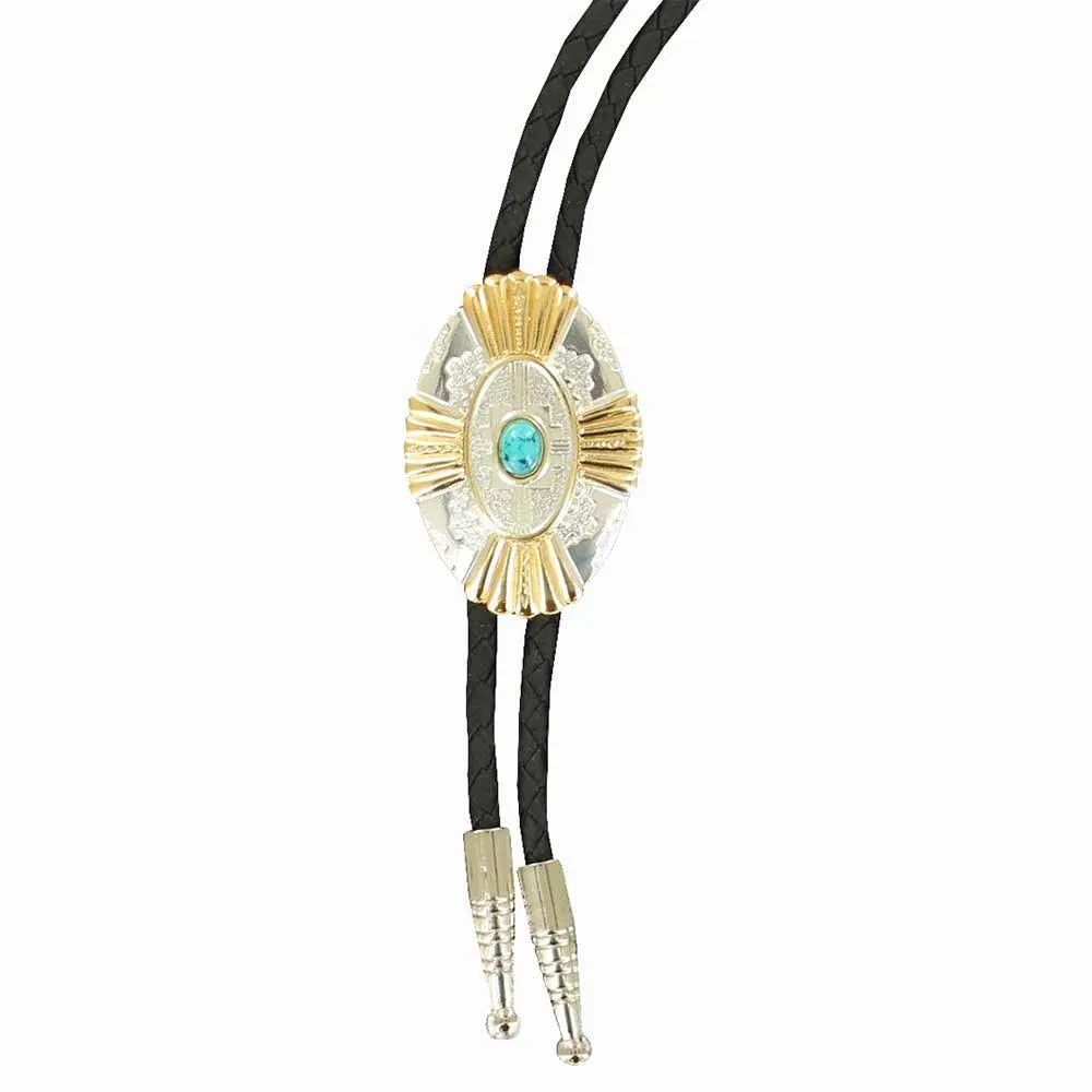 Double S Silver with Gold Rays and Turquoise Stone - Bolo Tie - Hatcountry