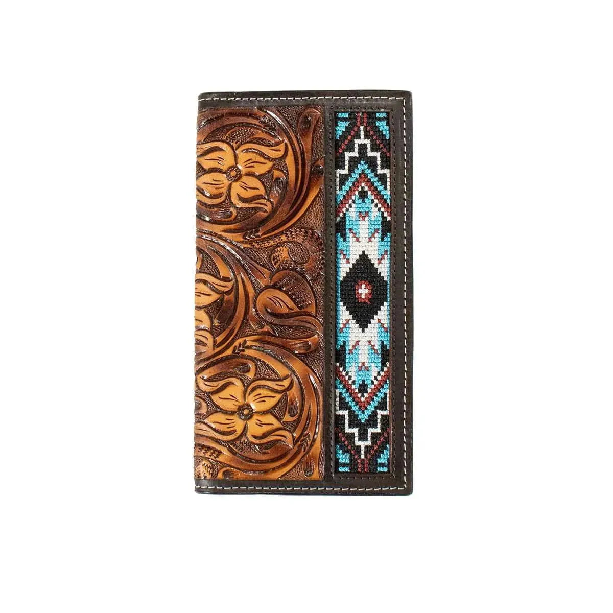 3D Blue Floral Embroidered Inlay - Mens Rodeo Wallet - Hatcountry