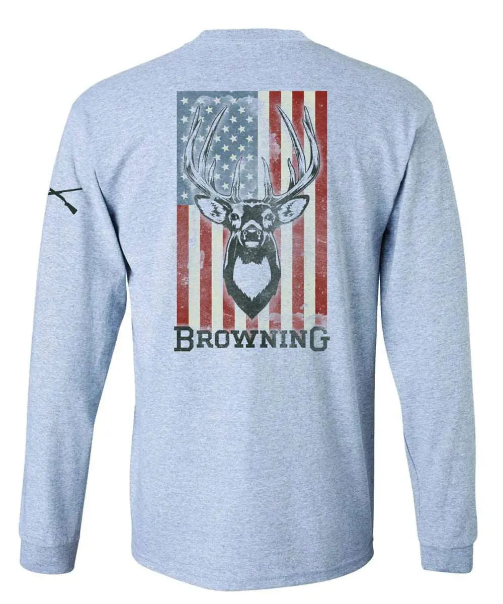 Browning Whitetail Flag (Sport Grey) - Mens Long Sleeve T-Shirt - Hatcountry