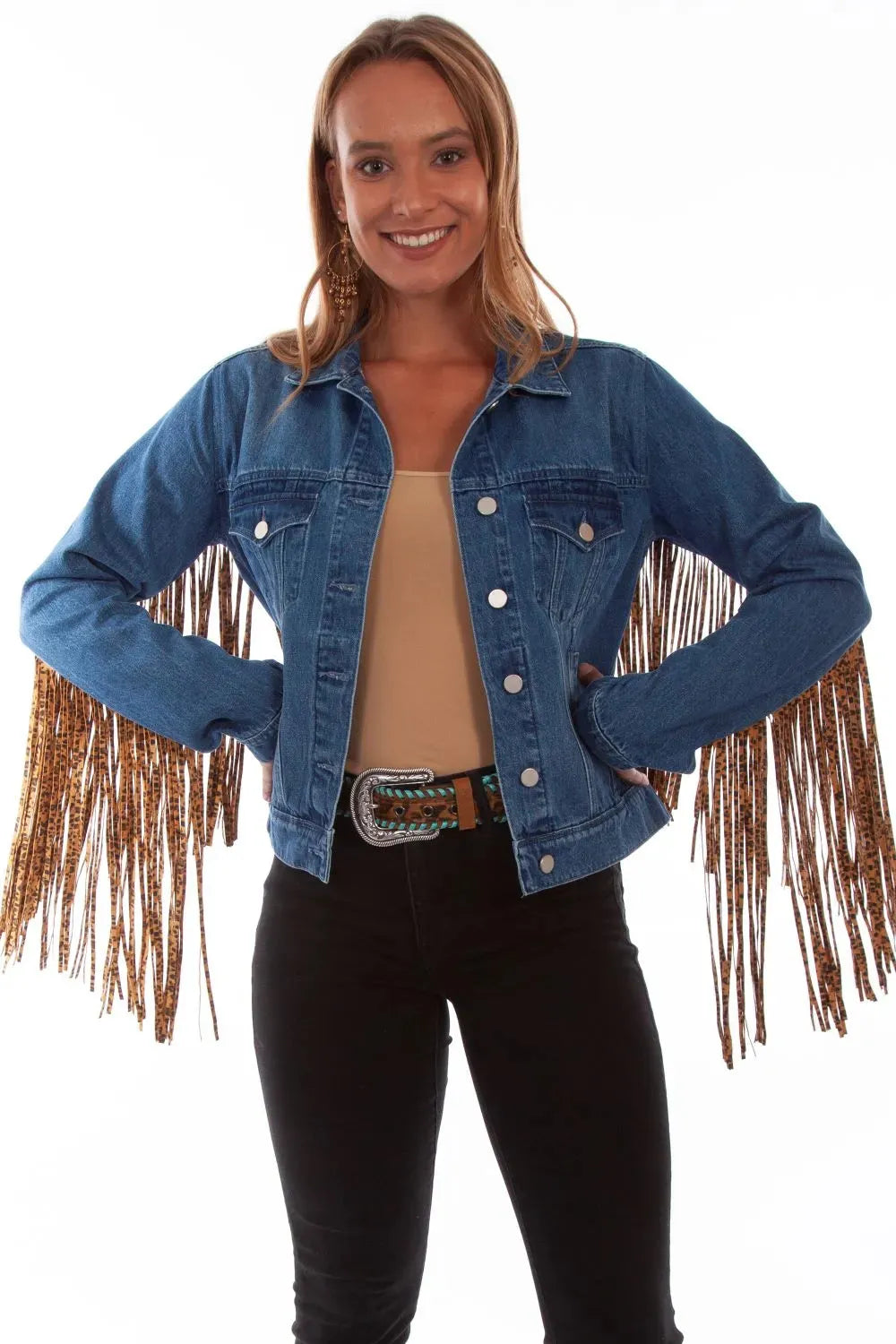 Honey Creek Denim with Leopard Fringe - Womens Jacket - Hatcountry