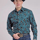 Roper 2627 Brushstroke Cowboys Print (Blue) - Men's Western Shirt