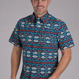 Roper 2352 Navajo Print (Blue) - Men's Short Sleeve Shirt