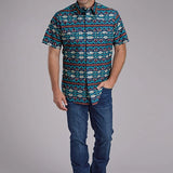 Roper 2352 Navajo Print (Blue) - Men's Short Sleeve Shirt