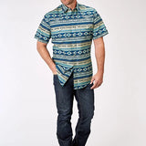 Roper 1899 Aztec Blanket Print (Blue) - Men's Short Sleeve Shirt