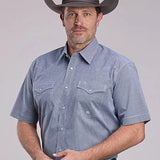 Roper 2892 Stretch Minicheck (Blue) - Men's Short Sleeve Shirt