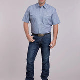 Roper 2892 Stretch Minicheck (Blue) - Men's Short Sleeve Shirt