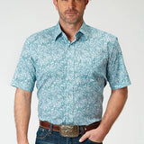 Roper 1944 Stretch Paisley (Blue) - Men's Short Sleeve Shirt