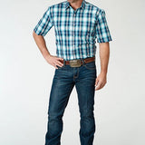 Roper 1938 Cool Breeze Plaid (Blue) - Men's Short Sleeve Shirt
