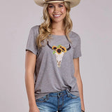 Roper 2866 Sunflower Skull (Grey) - Women's T-Shirt
