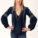 Roper 00860 Crepe V Neck (Navy) - Women's Western Blouse