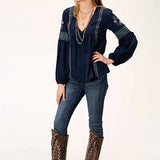 Roper 00860 Crepe V Neck (Navy) - Women's Western Blouse