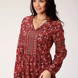Roper 00339 Border Print (Red) - Women's Western Blouse