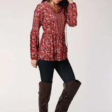 Roper 00339 Border Print (Red) - Women's Western Blouse