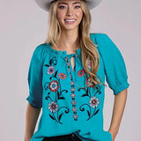 Roper 2849 Gathered Flowers (Turquoise) - Women's Western Blouse