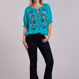 Roper 2849 Gathered Flowers (Turquoise) - Women's Western Blouse