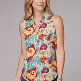 Roper 2073 Ikat Paisley (Blue) - Women's Sleeveless Shirt