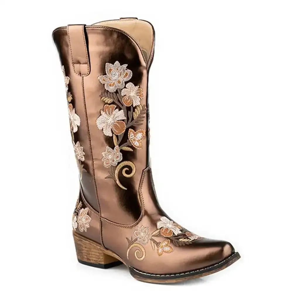 Roper Riley Floral (Brown) - Women's Metallic Leather Cowgirl Boot - Hatcountry