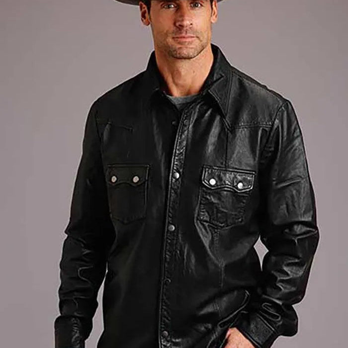 Stetson Leather Western Shirt Jacket (Black) - Men's Leather Jacket - Hatcountry