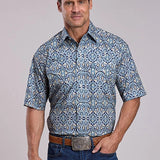 Stetson 2874 Poplin Medallions (Blue) - Men's Short Sleeve Shirt