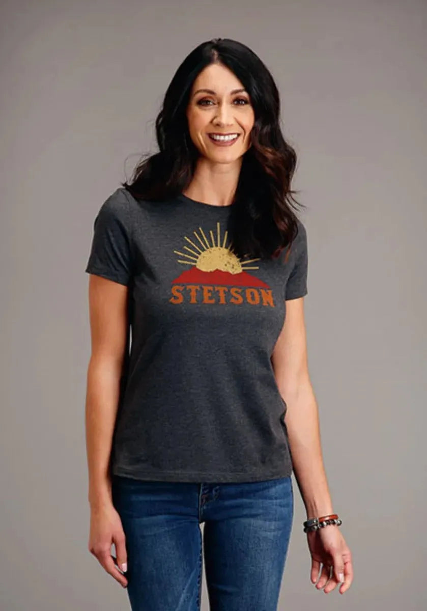 Stetson Sunset and Mountain (Grey) - Women's Short Sleeve T-Shirt - Hatcountry