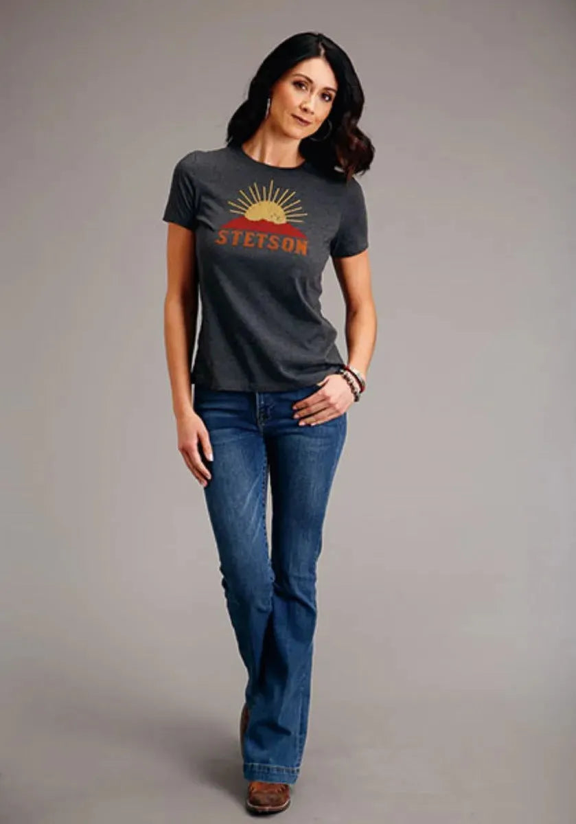 Stetson Sunset and Mountain (Grey) - Women's Short Sleeve T-Shirt - Hatcountry