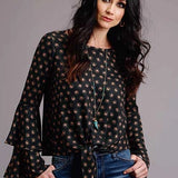 Stetson 00442 Horse Polkadot Bell Sleeves (Black) - Women's Blouse