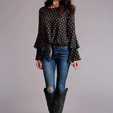 Stetson 00442 Horse Polkadot Bell Sleeves (Black) - Women's Blouse