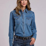 Stetson 2551 Brown Snaps (Blue) - Women's Denim Blouse