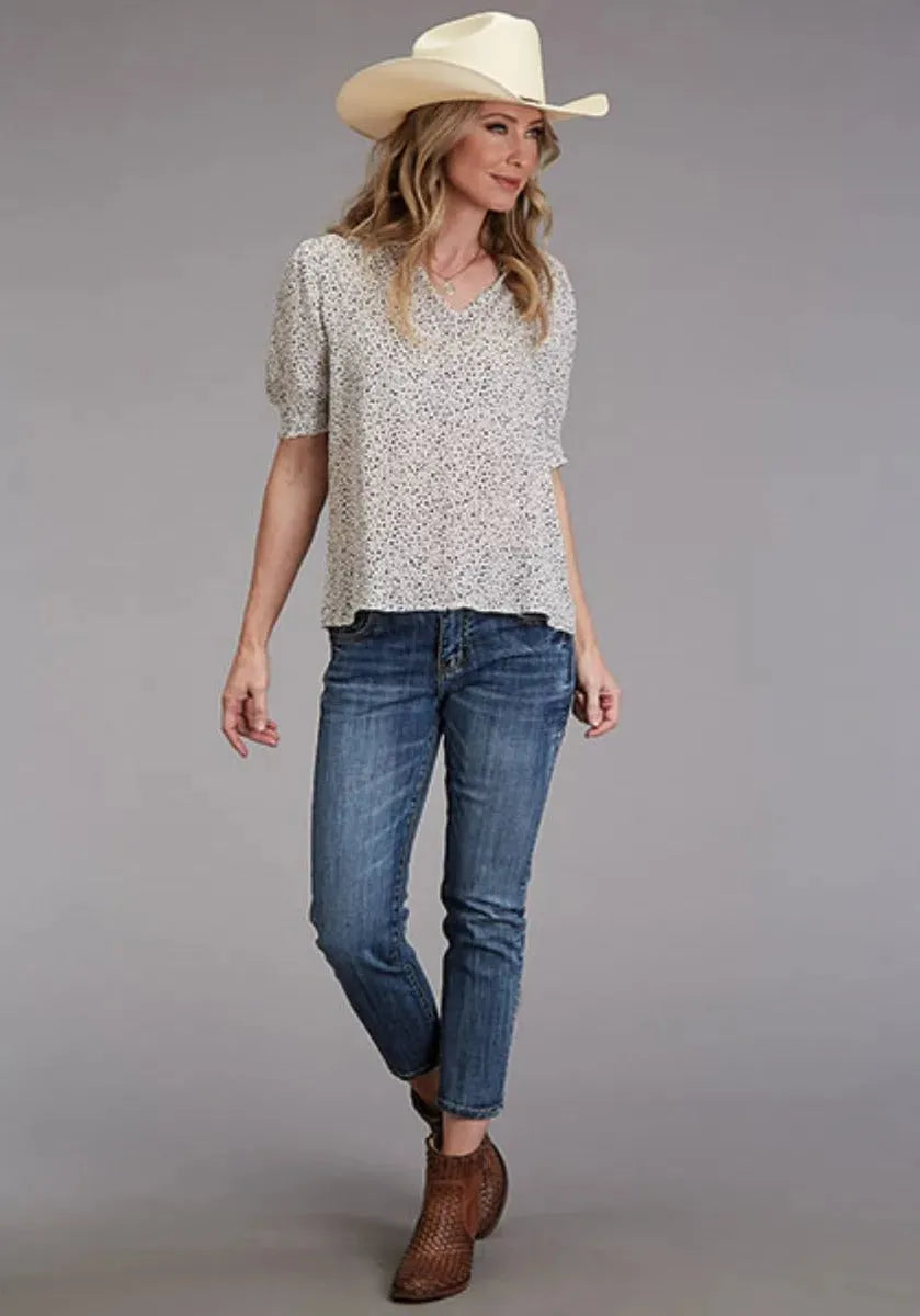 Stetson Star Print (White) - Women's Herringbone Short Sleeve Shirt - Hatcountry