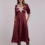 Stetson 2917 Lace Neckline (Wine) - Women's Satin Dress