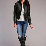 Stetson Novelty Solid Smooth Buttoned (Black) - Women's Lamb Leather Jacket
