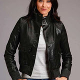 Stetson Novelty Solid Smooth Buttoned (Black) - Women's Lamb Leather Jacket