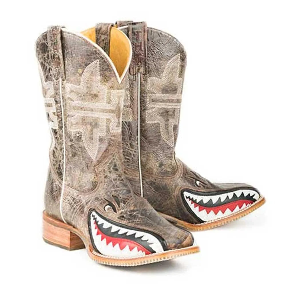 Tin Haul Toastin a Gnarly Shark / Beer Girl Sole (Brown Crackle) - Men's Leather Cowboy Boots - Hatcountry