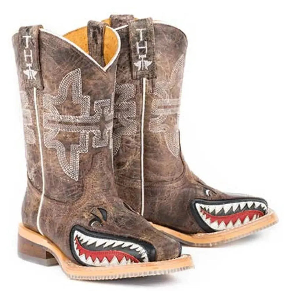 Tin Haul Sharky / Man Eater Sole (Tan) - Little Kids/Big Kids Leather Cowboy Boots - Hatcountry