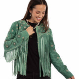 Scully Floral Jade - Women's Fringe Leather Jacket