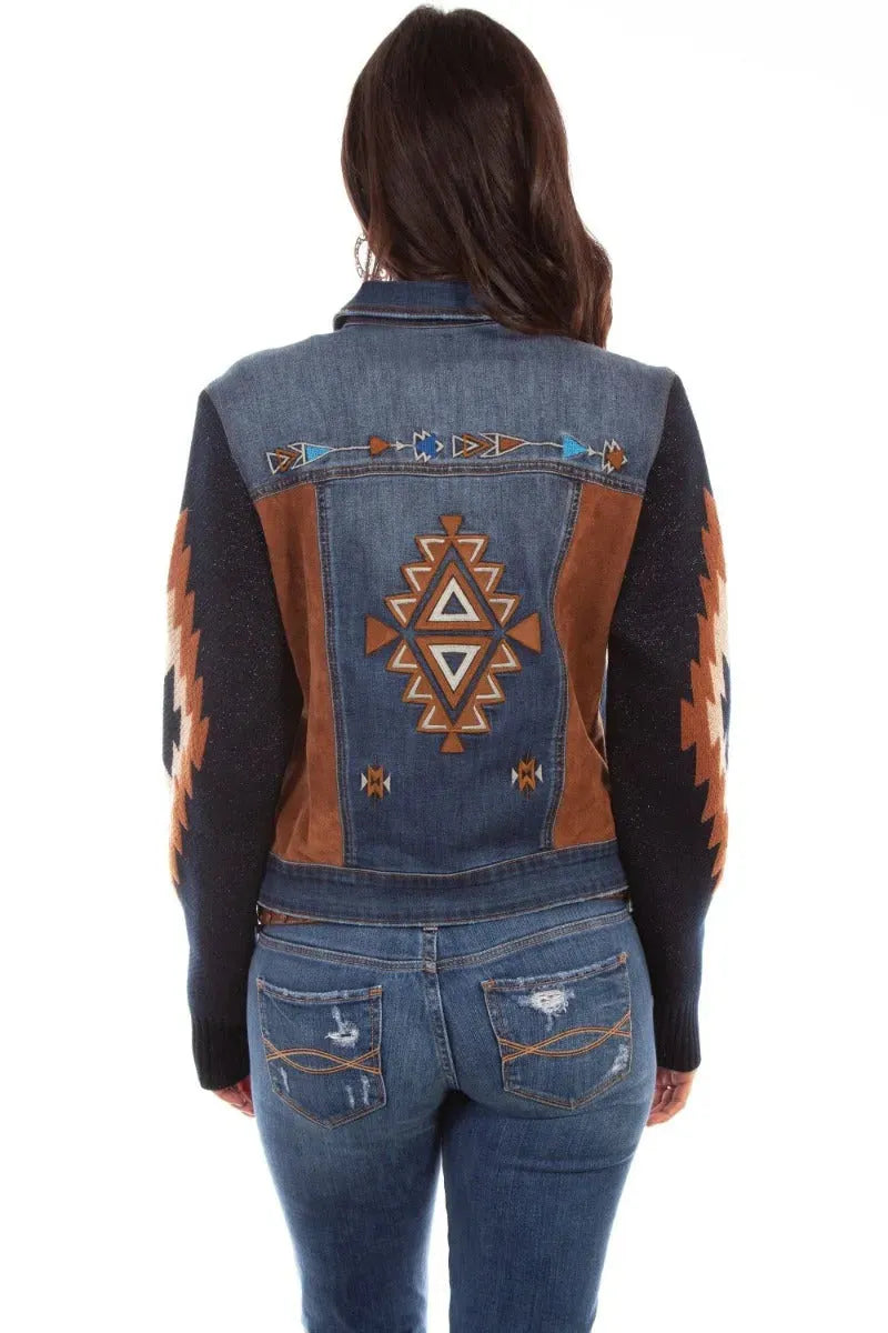 Honey Creek Aztec Embroidery - Womens Sweater Sleeve Denim Jacket - Hatcountry