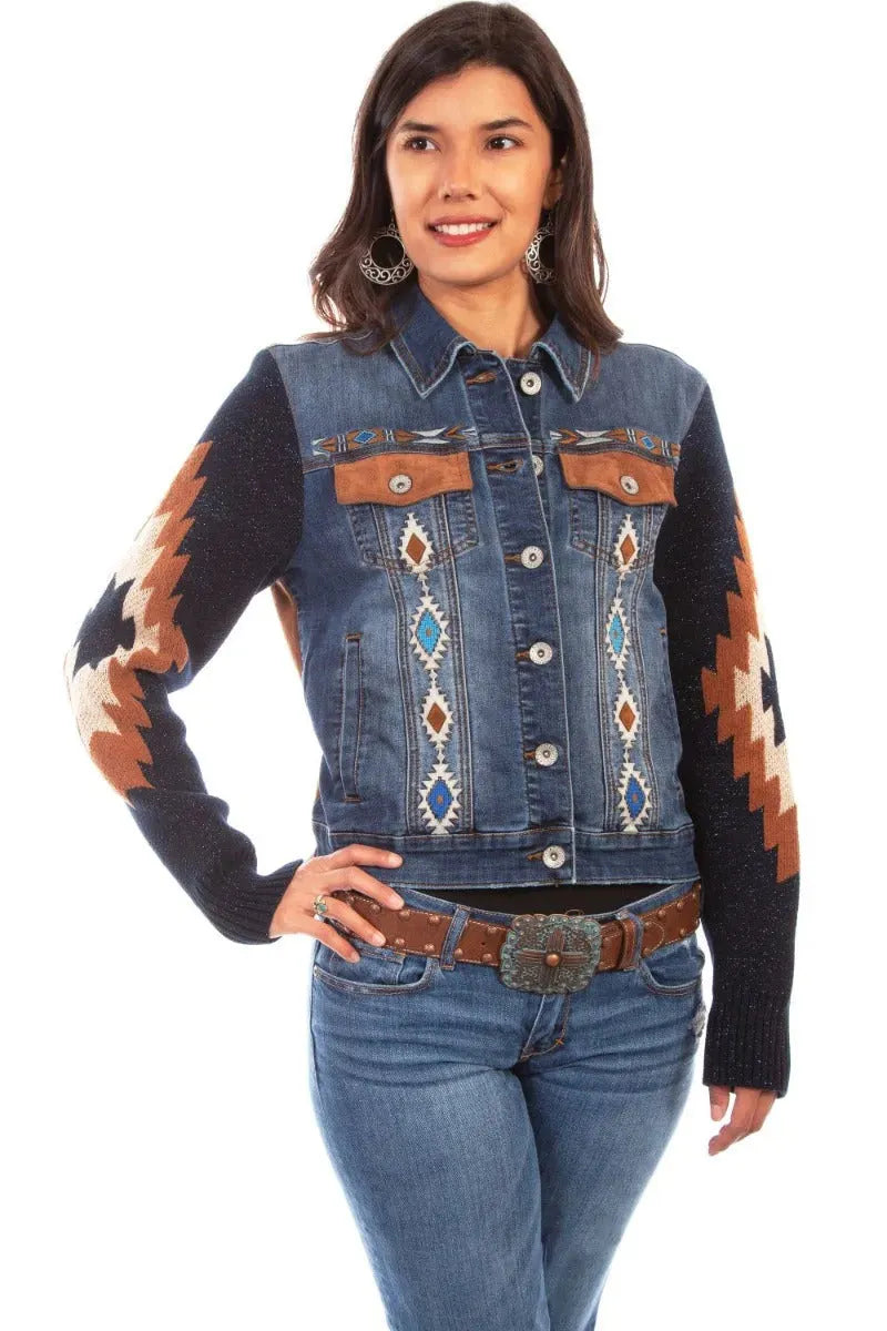 Honey Creek Aztec Embroidery - Womens Sweater Sleeve Denim Jacket - Hatcountry