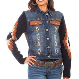 Honey Creek Aztec Embroidery - Womens Sweater Sleeve Denim Jacket - Hatcountry